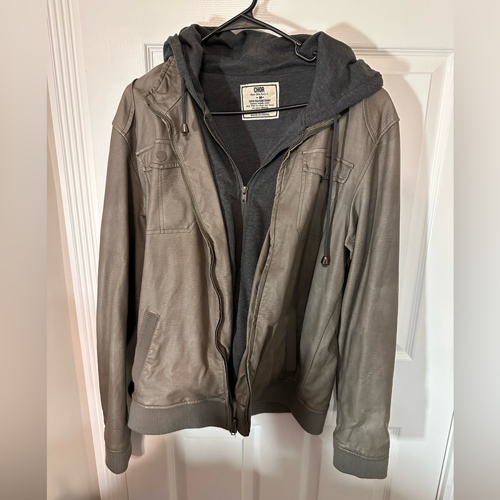 CHOR Gray Faux Leather Jacket with stitched in Dark Gray Hoodie - Medium